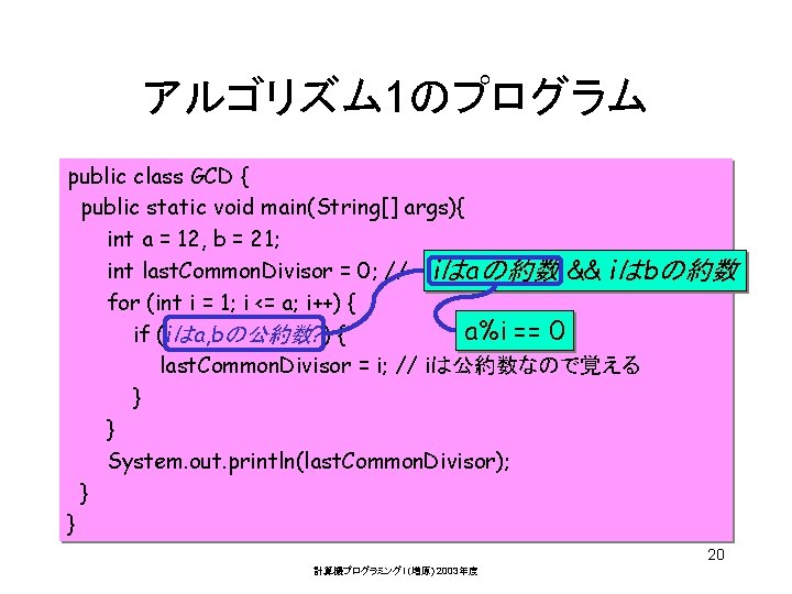アルゴリズム 1のプログラム public class GCD { public static void main(String[] args){ int a =