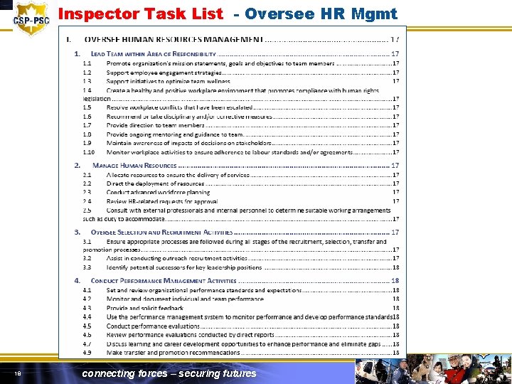 POLICE SECTOR COUNCIL Inspector Task List - Oversee HR Mgmt 18 connecting forces –