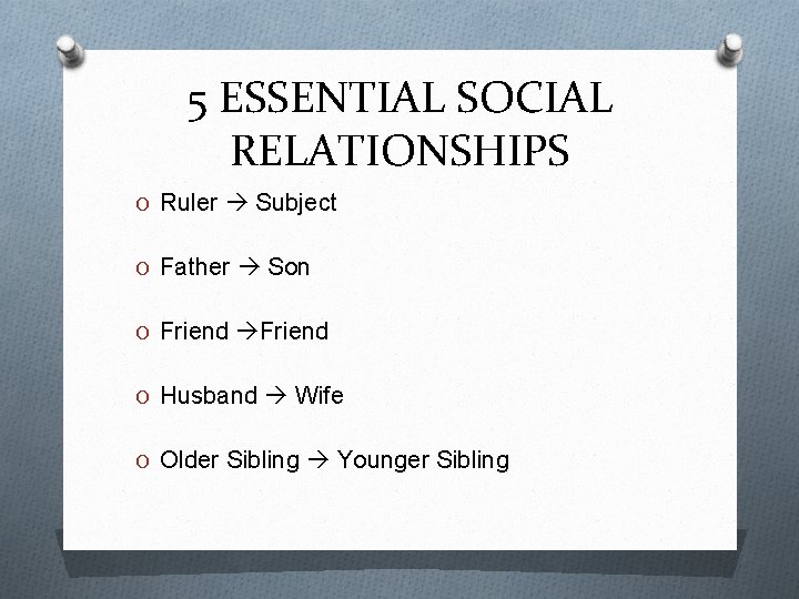 5 ESSENTIAL SOCIAL RELATIONSHIPS O Ruler Subject O Father Son O Friend O Husband