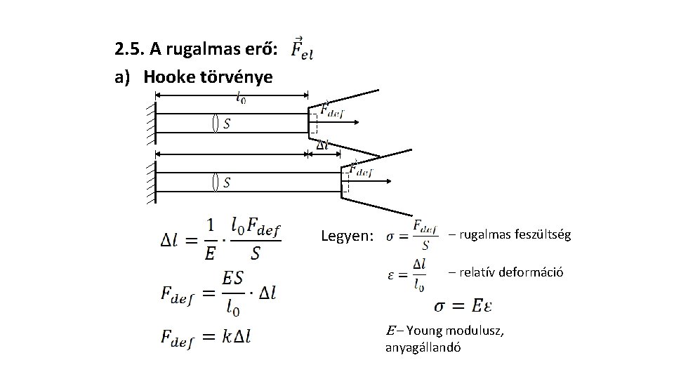 2. 5. A rugalmas erő: a) Hooke törvénye Legyen: – rugalmas feszültség – relatív