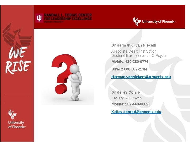 Dr Herman J. van Niekerk Associate Dean: Instruction: Doctoral Business and I-O Psych Mobile: