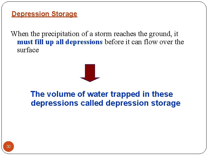 Depression Storage When the precipitation of a storm reaches the ground, it must fill