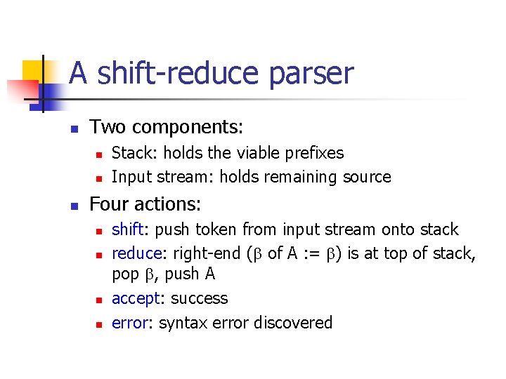 A shift-reduce parser n Two components: n n n Stack: holds the viable prefixes