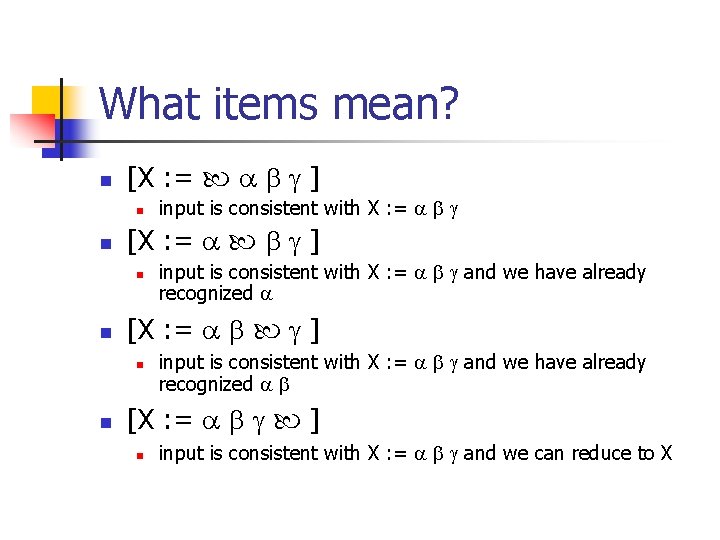 What items mean? n [X : = ] n n input is consistent with