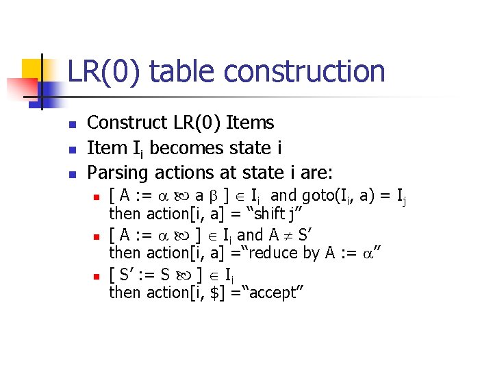 LR(0) table construction n Construct LR(0) Items Item Ii becomes state i Parsing actions