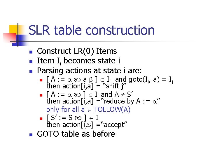 SLR table construction n Construct LR(0) Items Item Ii becomes state i Parsing actions