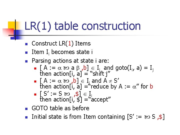 LR(1) table construction n n Construct LR(1) Items Item Ii becomes state i Parsing