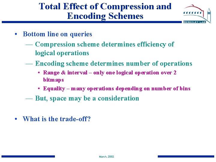 Total Effect of Compression and Encoding Schemes • Bottom line on queries — Compression