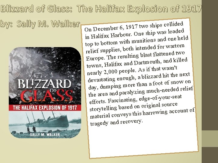 Blizzard of Glass: The Halifax Explosion of 1917 by: Sally M. Walker hips collided