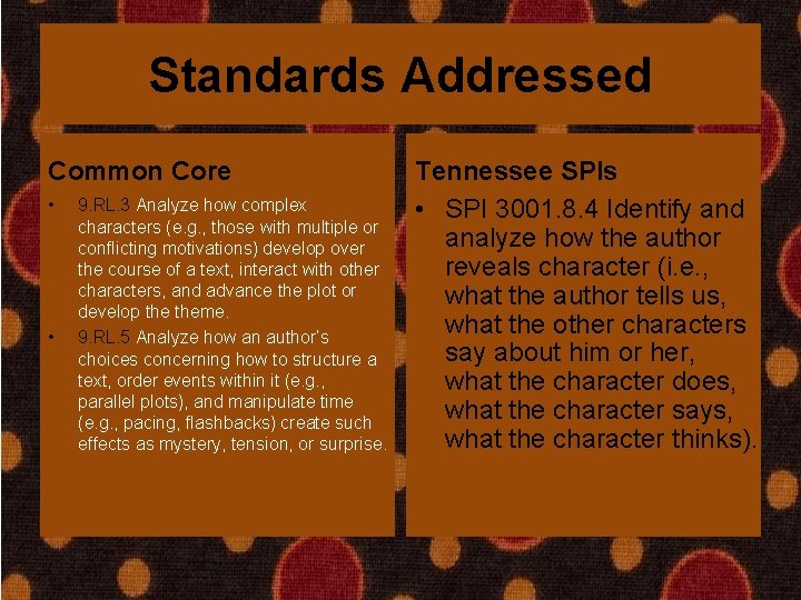 Standards Addressed Common Core • • 9. RL. 3 Analyze how complex characters (e.