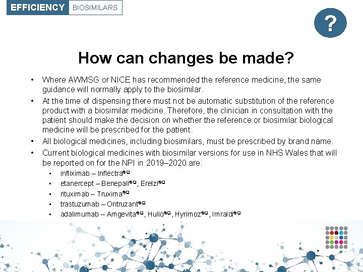 EFFICIENCY BIOSIMILARS ? How can changes be made? • • Where AWMSG or NICE