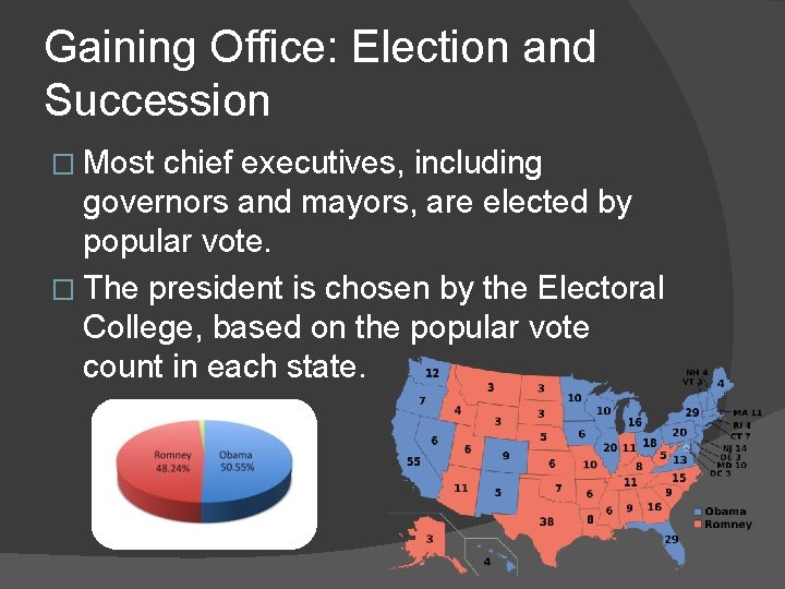 Gaining Office: Election and Succession � Most chief executives, including governors and mayors, are