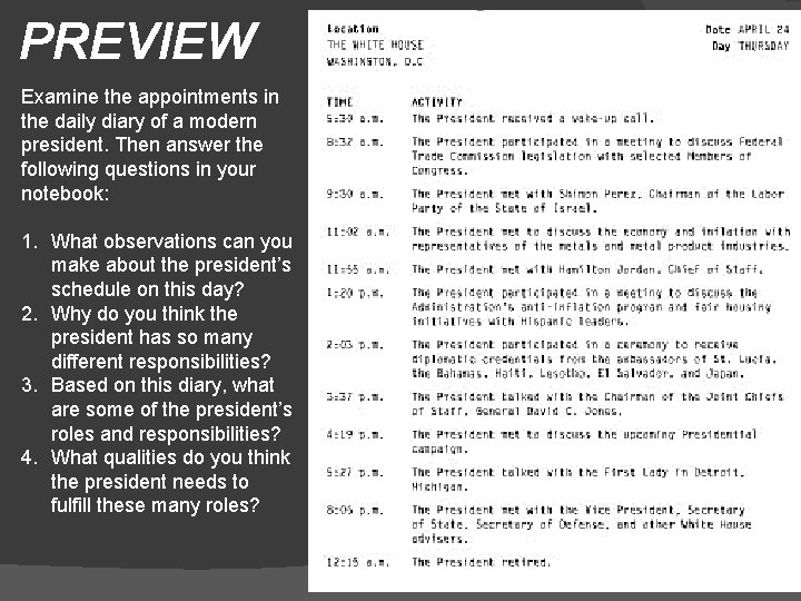 PREVIEW Examine the appointments in the daily diary of a modern president. Then answer