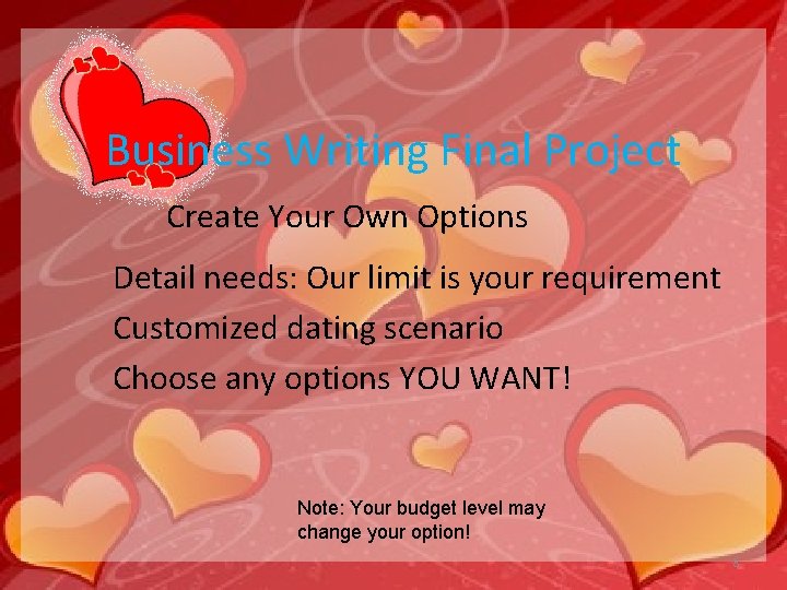 Business Writing Final Project Create Your Own Options Detail needs: Our limit is your
