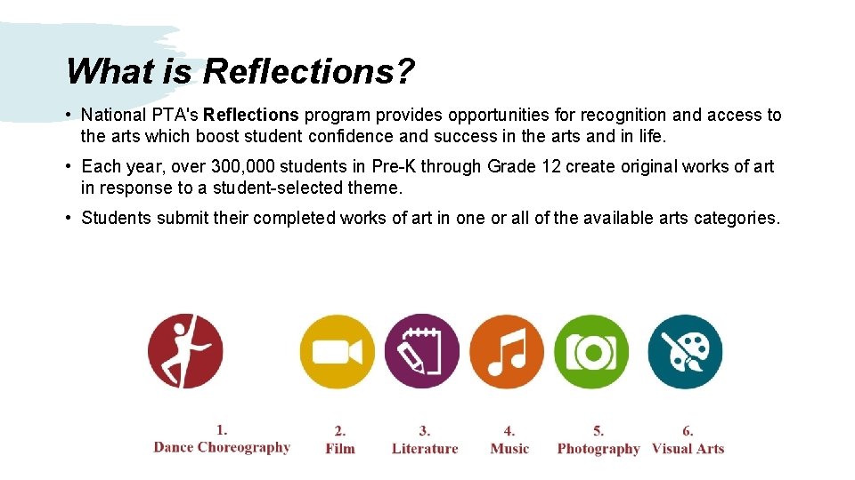 What is Reflections? • National PTA's Reflections program provides opportunities for recognition and access