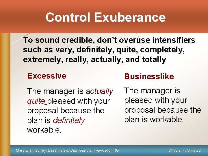 Control Exuberance To sound credible, don’t overuse intensifiers such as very, definitely, quite, completely,