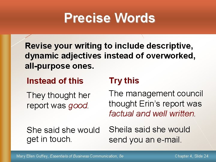 Precise Words Revise your writing to include descriptive, dynamic adjectives instead of overworked, all-purpose