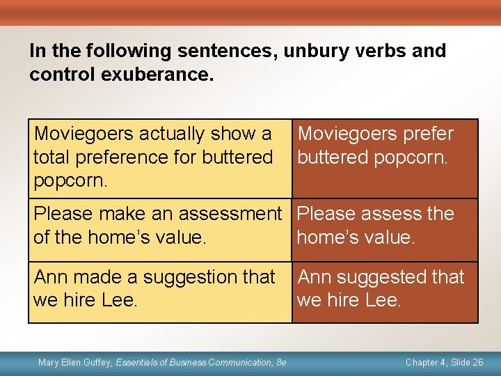 In the following sentences, unbury verbs and control exuberance. Moviegoers actually show a total