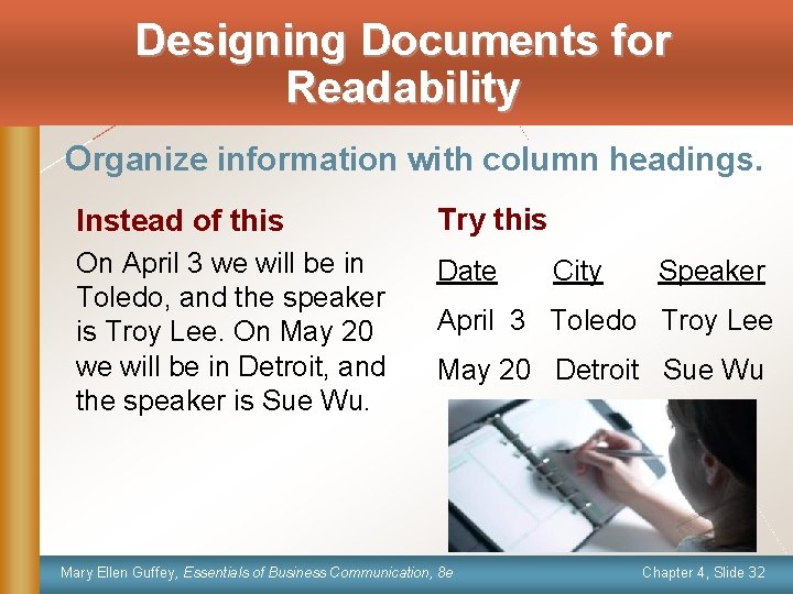 Designing Documents for Readability Organize information with column headings. Instead of this Try this