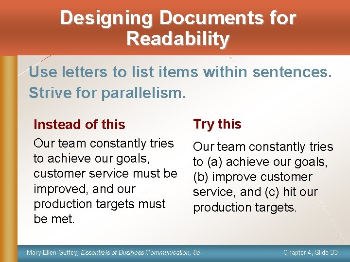 Designing Documents for Readability Use letters to list items within sentences. Strive for parallelism.