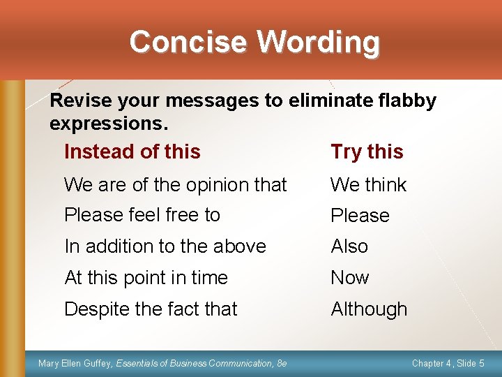 Concise Wording Revise your messages to eliminate flabby expressions. Instead of this Try this