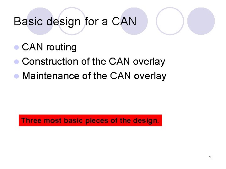 Basic design for a CAN l CAN routing l Construction of the CAN overlay Basic design for a CAN l CAN routing l Construction of the CAN overlay