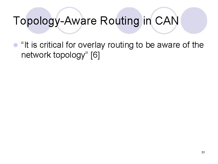 Topology-Aware Routing in CAN l “It is critical for overlay routing to be aware Topology-Aware Routing in CAN l “It is critical for overlay routing to be aware