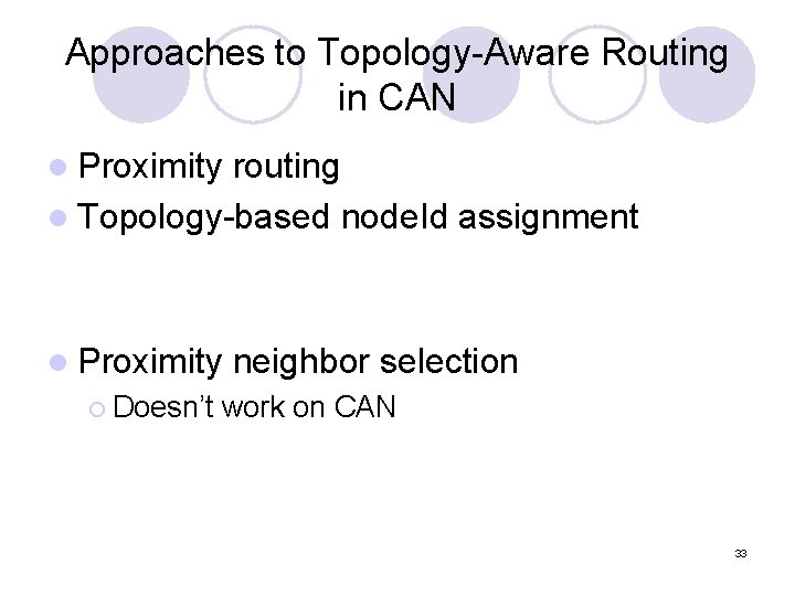 Approaches to Topology-Aware Routing in CAN l Proximity routing l Topology-based node. Id assignment Approaches to Topology-Aware Routing in CAN l Proximity routing l Topology-based node. Id assignment