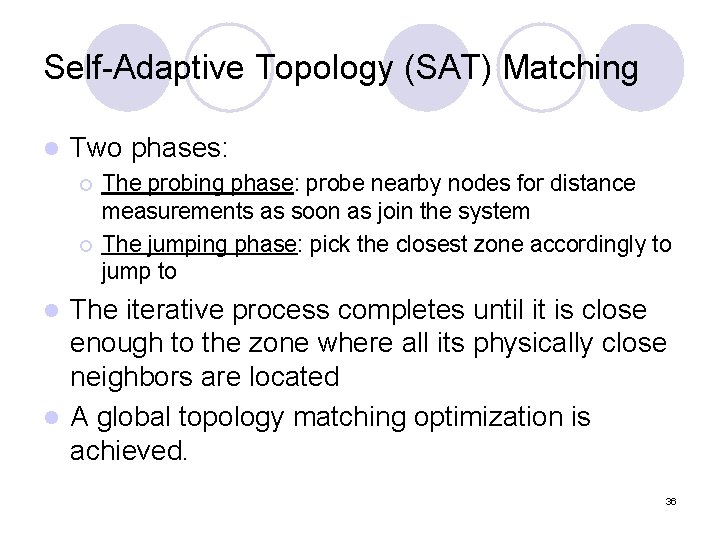 Self-Adaptive Topology (SAT) Matching l Two phases: ¡ ¡ The probing phase: probe nearby Self-Adaptive Topology (SAT) Matching l Two phases: ¡ ¡ The probing phase: probe nearby