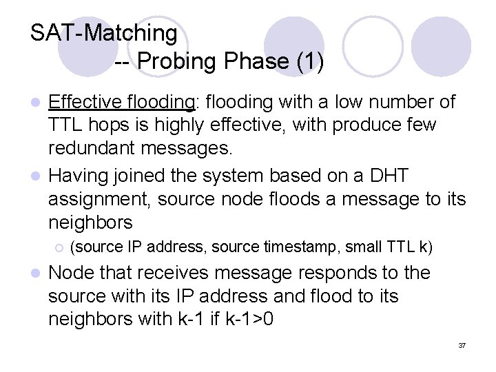 SAT-Matching -- Probing Phase (1) Effective flooding: flooding with a low number of TTL SAT-Matching -- Probing Phase (1) Effective flooding: flooding with a low number of TTL