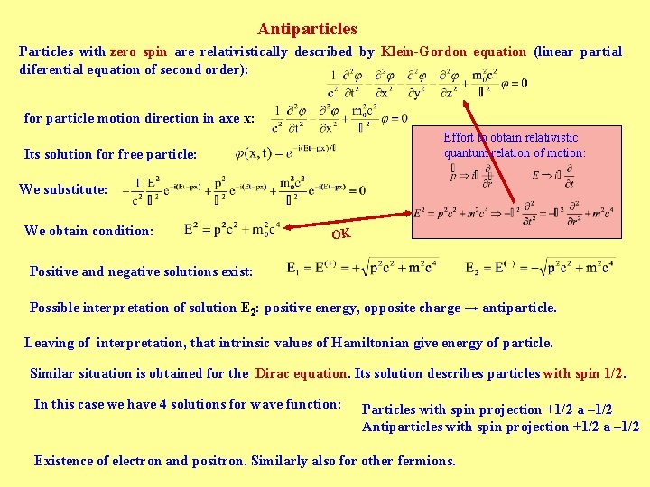 Antiparticles Particles with zero spin are relativistically described by Klein-Gordon equation (linear partial diferential