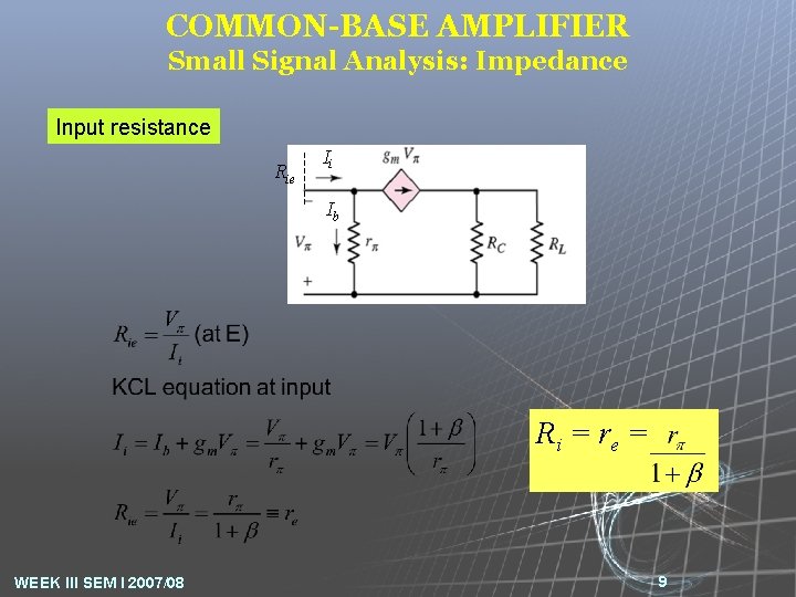 COMMON-BASE AMPLIFIER Small Signal Analysis: Impedance Input resistance Rie Ii Ib Ri = re