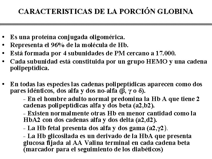 CARACTERISTICAS DE LA PORCIÓN GLOBINA • • Es una proteína conjugada oligomérica. Representa el