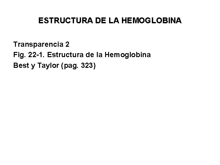 ESTRUCTURA DE LA HEMOGLOBINA Transparencia 2 Fig. 22 -1. Estructura de la Hemoglobina Best