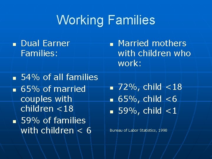 Working Families n n Dual Earner Families: 54% of all families 65% of married