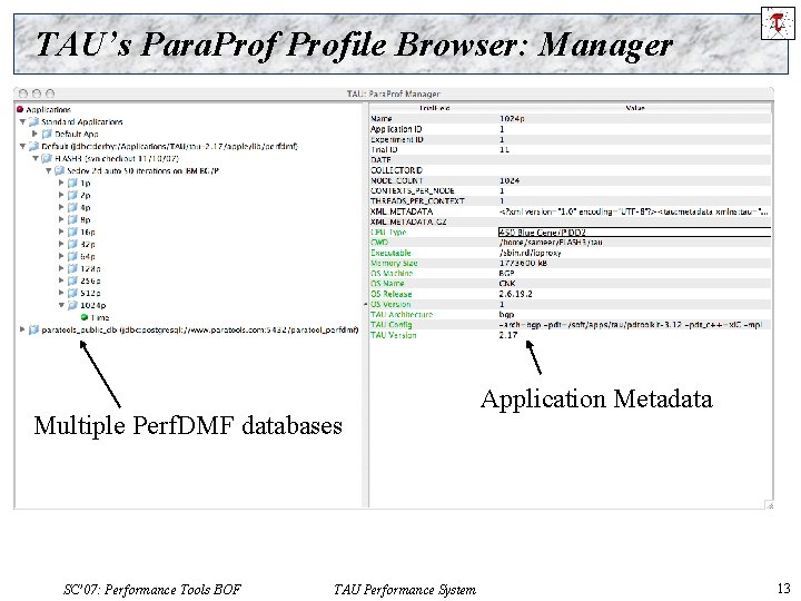 TAU’s Para. Profile Browser: Manager Multiple Perf. DMF databases SC’ 07: Performance Tools BOF