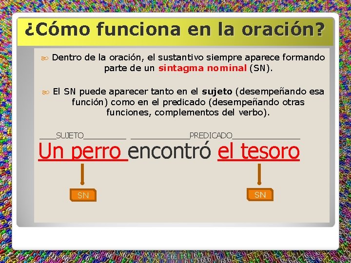 ¿Cómo funciona en la oración? Dentro de la oración, el sustantivo siempre aparece formando ¿Cómo funciona en la oración? Dentro de la oración, el sustantivo siempre aparece formando