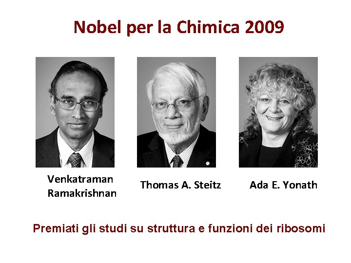 Nobel per la Chimica 2009 Venkatraman Ramakrishnan Thomas A. Steitz Ada E. Yonath Premiati