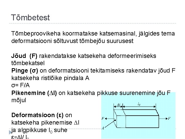 Tõmbetest Tõmbeproovikeha koormatakse katsemasinal, jälgides tema deformatsiooni sõltuvust tõmbejõu suurusest Jõud (F) rakendatakse katsekeha