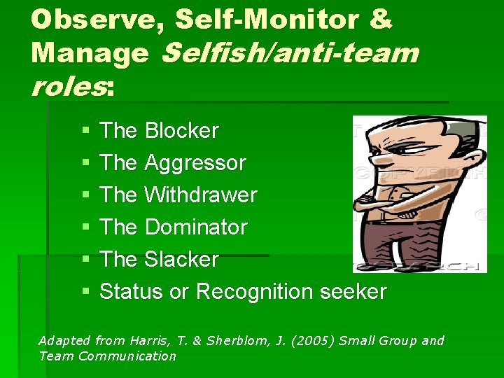 Observe, Self-Monitor & Manage Selfish/anti-team roles: § § § The Blocker The Aggressor The