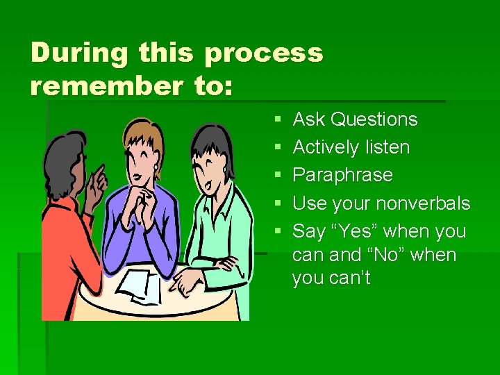 During this process remember to: § § § Ask Questions Actively listen Paraphrase Use