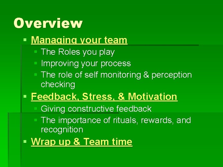 Overview § Managing your team § The Roles you play § Improving your process