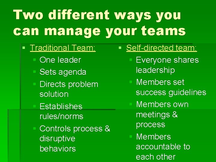 Two different ways you can manage your teams § Traditional Team: § Self-directed team:
