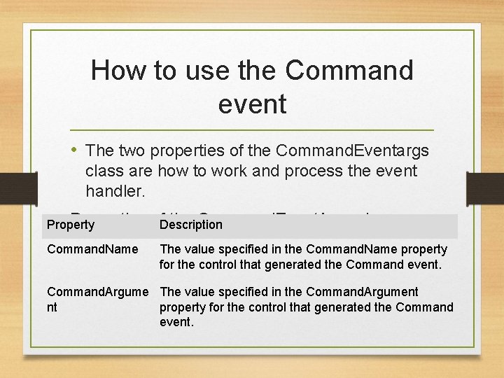 How to use the Command event • The two properties of the Command. Eventargs