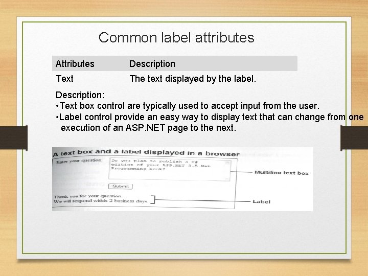 Common label attributes Attributes Description Text The text displayed by the label. Description: •