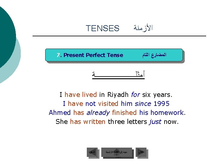 TENSES 7. Present Perfect Tense ﺍﻷﺰﻣﻨﺔ ﺍﻟﻤﻀﺎﺭﻉ ﺍﻟﺘﺎﻡ ﺃﻤﺜﻠـــــــــــﺔ I have lived in Riyadh