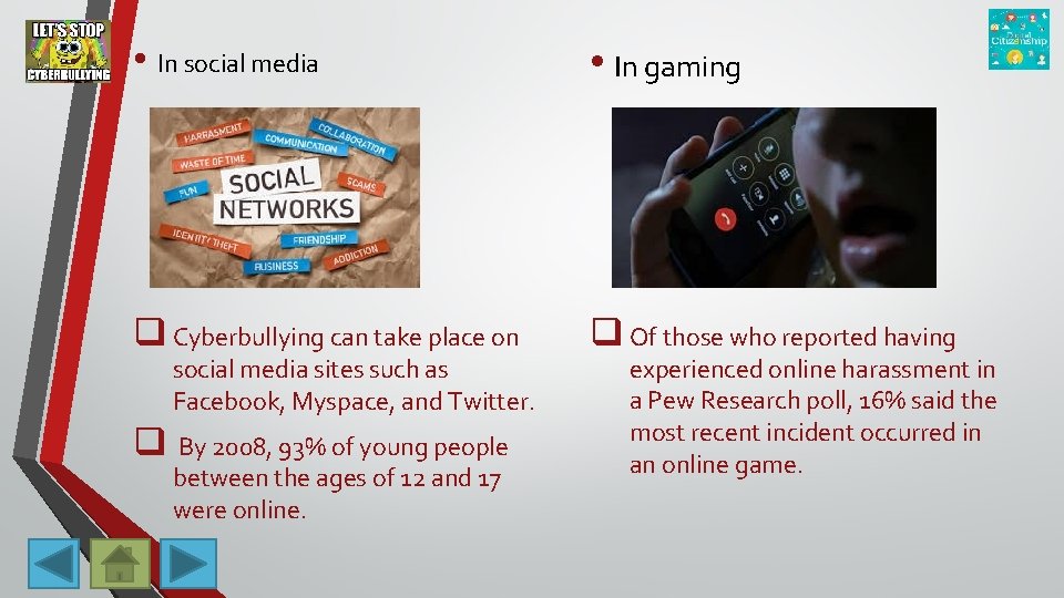  • In social media • In gaming q Cyberbullying can take place on
