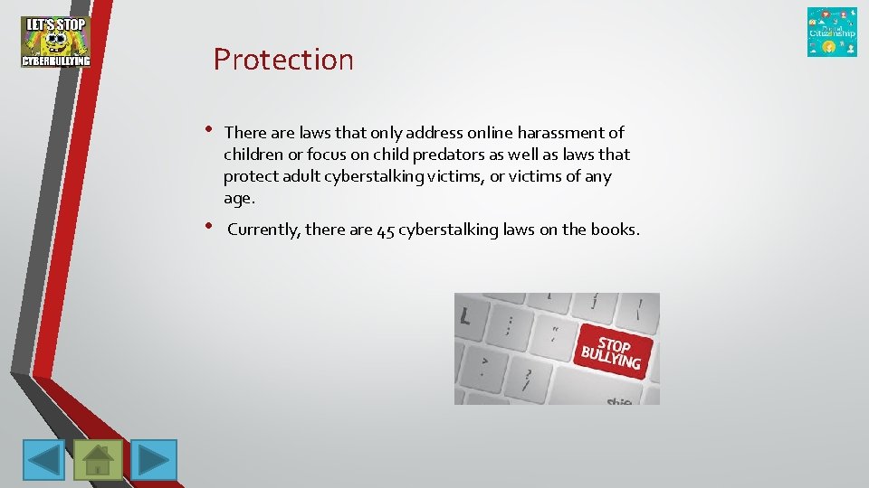 Protection • There are laws that only address online harassment of children or focus