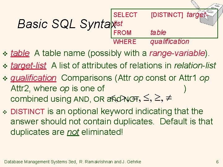 target- SELECT [DISTINCT] FROM WHERE table qualification Basic SQL Syntaxlist table A table name