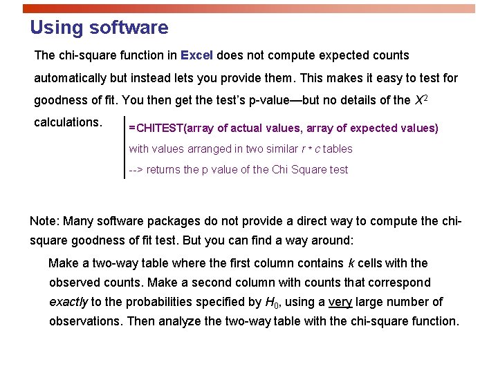 Using software The chi-square function in Excel does not compute expected counts automatically but